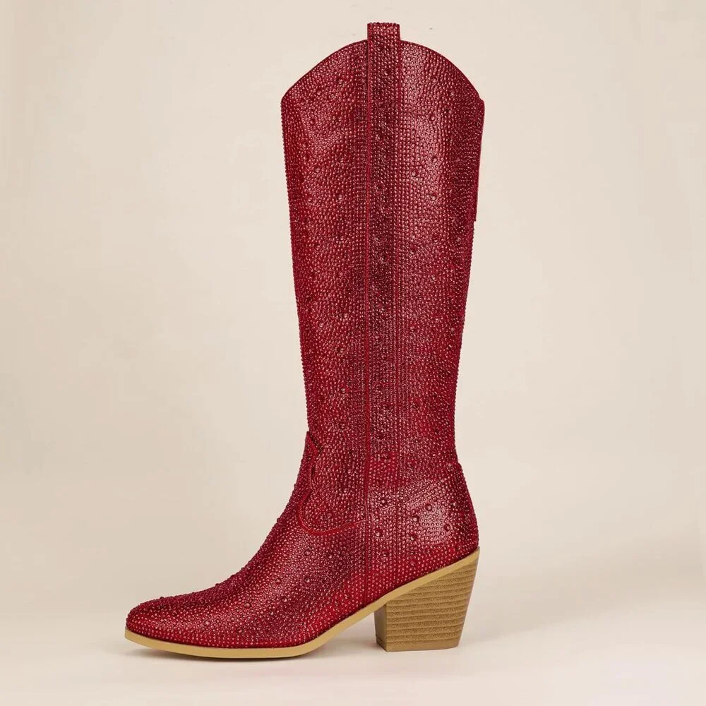 Women's Red Rhinestone Cowboy Boot Knee High Western Cowgirl Boots Pointed Toe